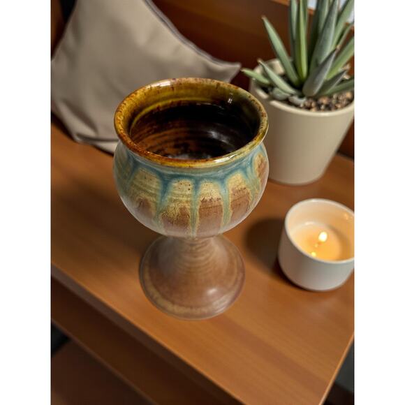 Brad Tucker Seagrove Pottery Drip Glaze Goblet-Chalice-Pedestal Cup-NC-Rustic - Picture 3 of 7